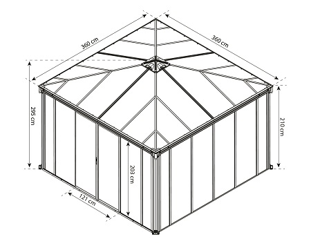 stikla verandas aluminija paviljons polikarbonata jumts aiga 3600 shema sm