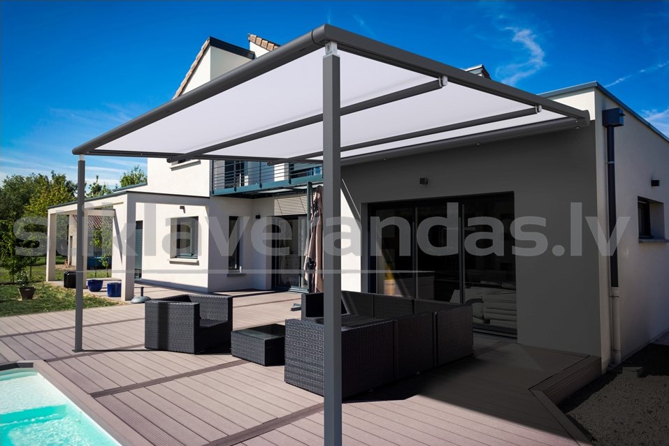stikla verandas nojume pergola atbidams auduma jumts